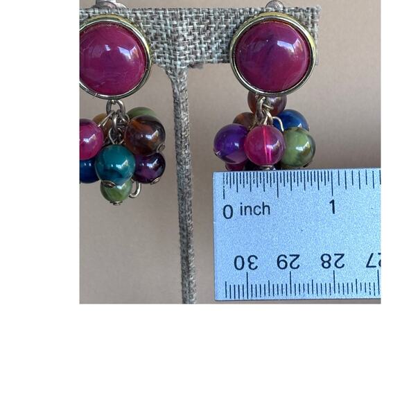 Vintage 80's Enamel & Jewel Tone Beaded Drop Dangle Earrings - Picture 4 of 5